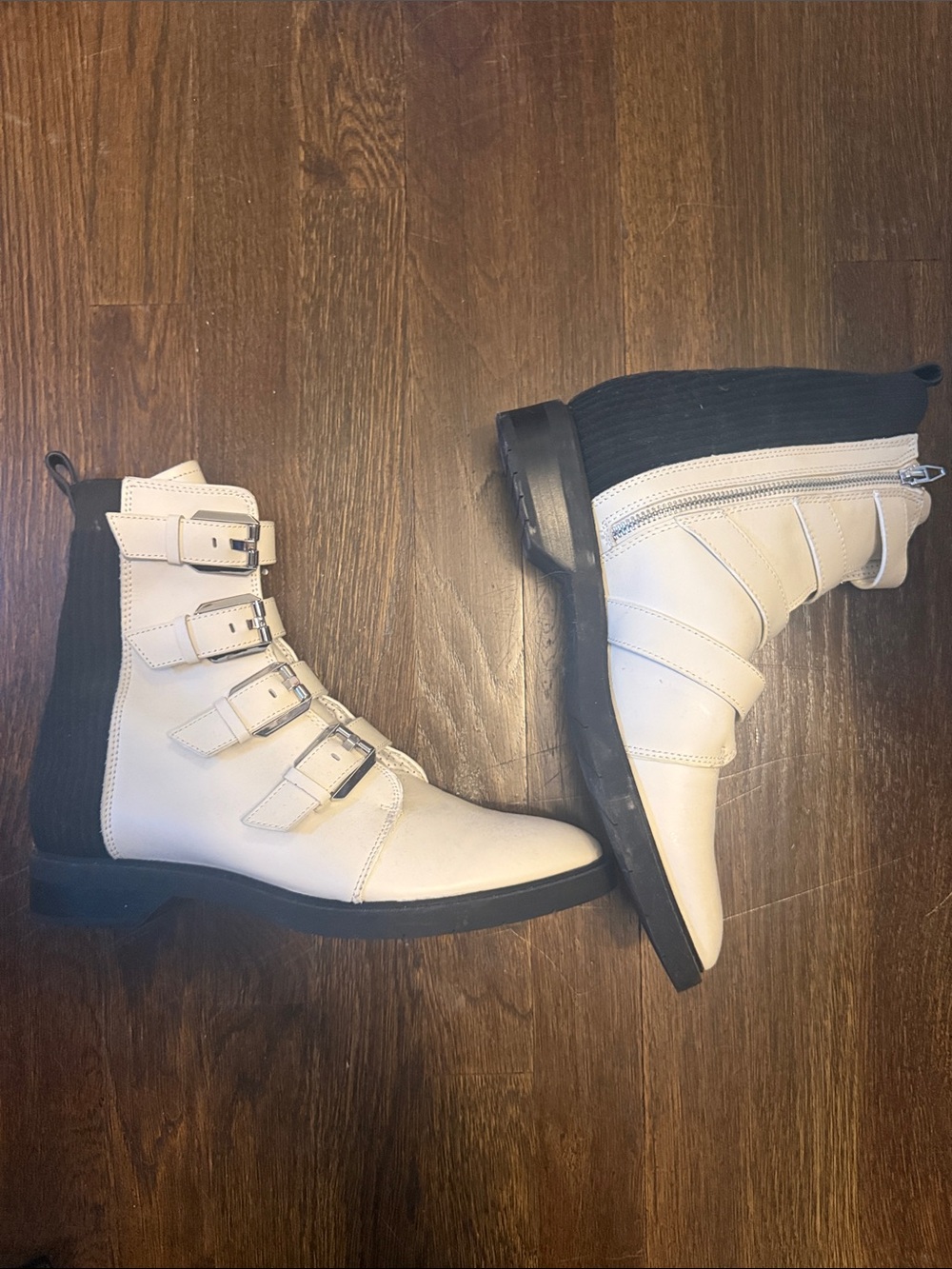 Dolce Vita White Combat Boots with Black Knit Ankle